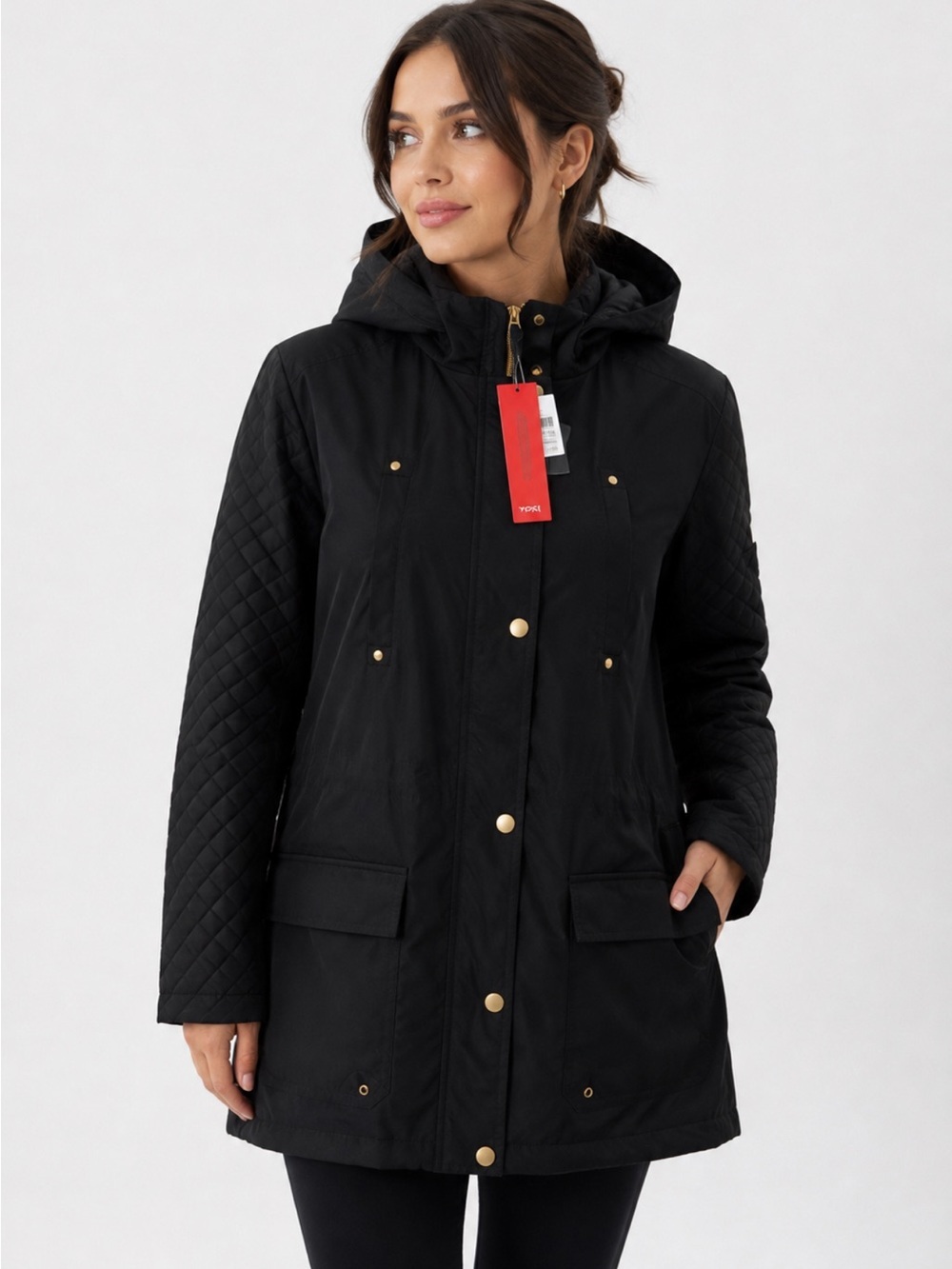 Yoki Women’s Black Hooded Utility Rain Jacket Quilted Sleeves NWT Size 1XL
